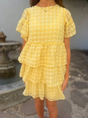 Doe & Rae Yellow Chiffon Seersucker Gingham Tiered Dress