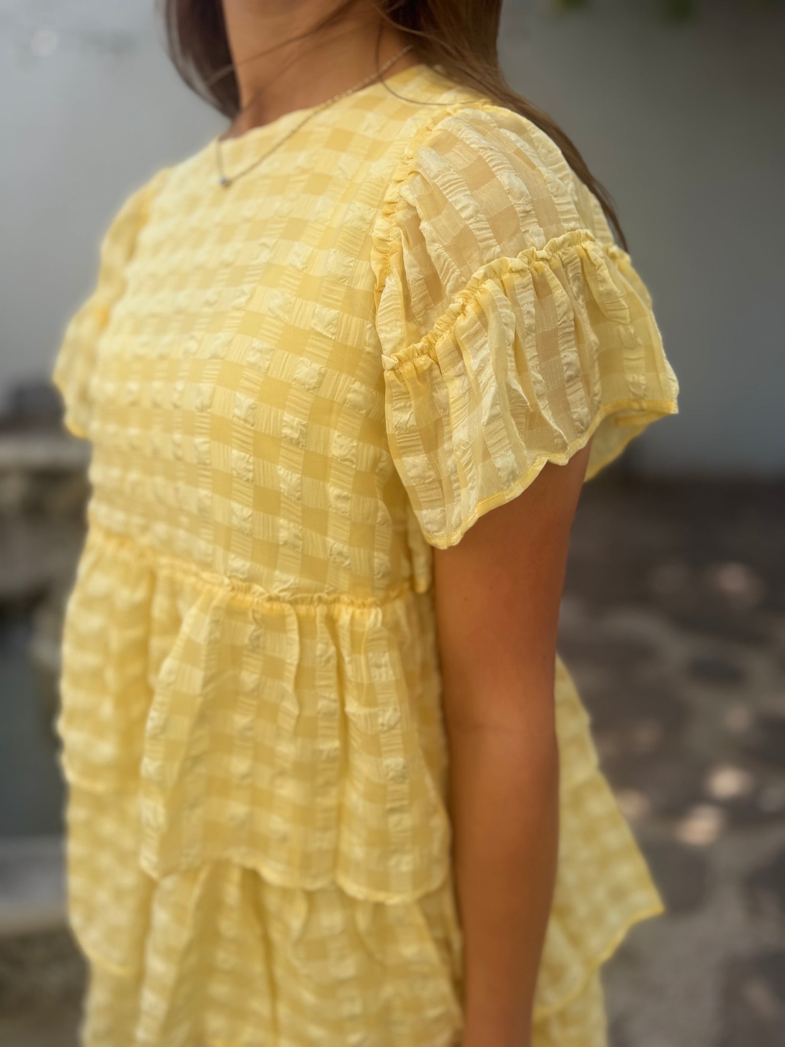 Doe & Rae Yellow Chiffon Seersucker Gingham Tiered Dress