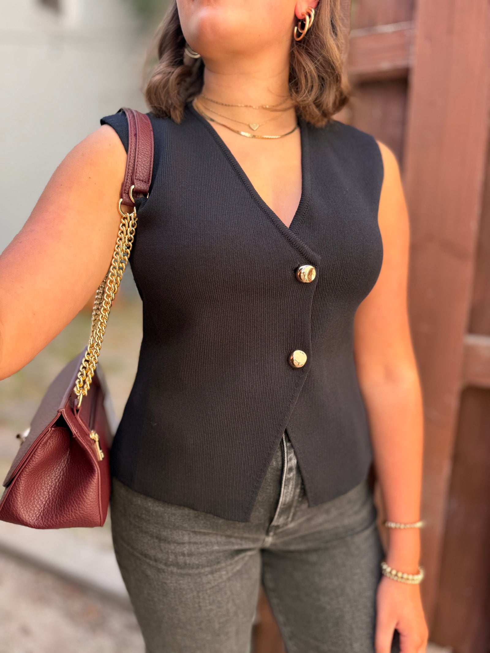 Black Knit Sweater Vest w/ Gold Buttons