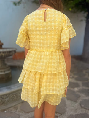 Doe & Rae Yellow Chiffon Seersucker Gingham Tiered Dress