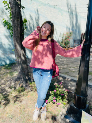 Pink Two Tone Boucle Textured Crop Boxy Sweater