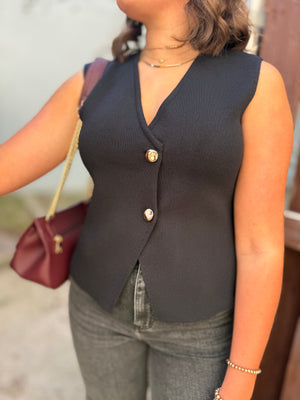 Black Knit Sweater Vest w/ Gold Buttons