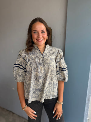 Navy Vintage Print Quarter Sleeve Blouse