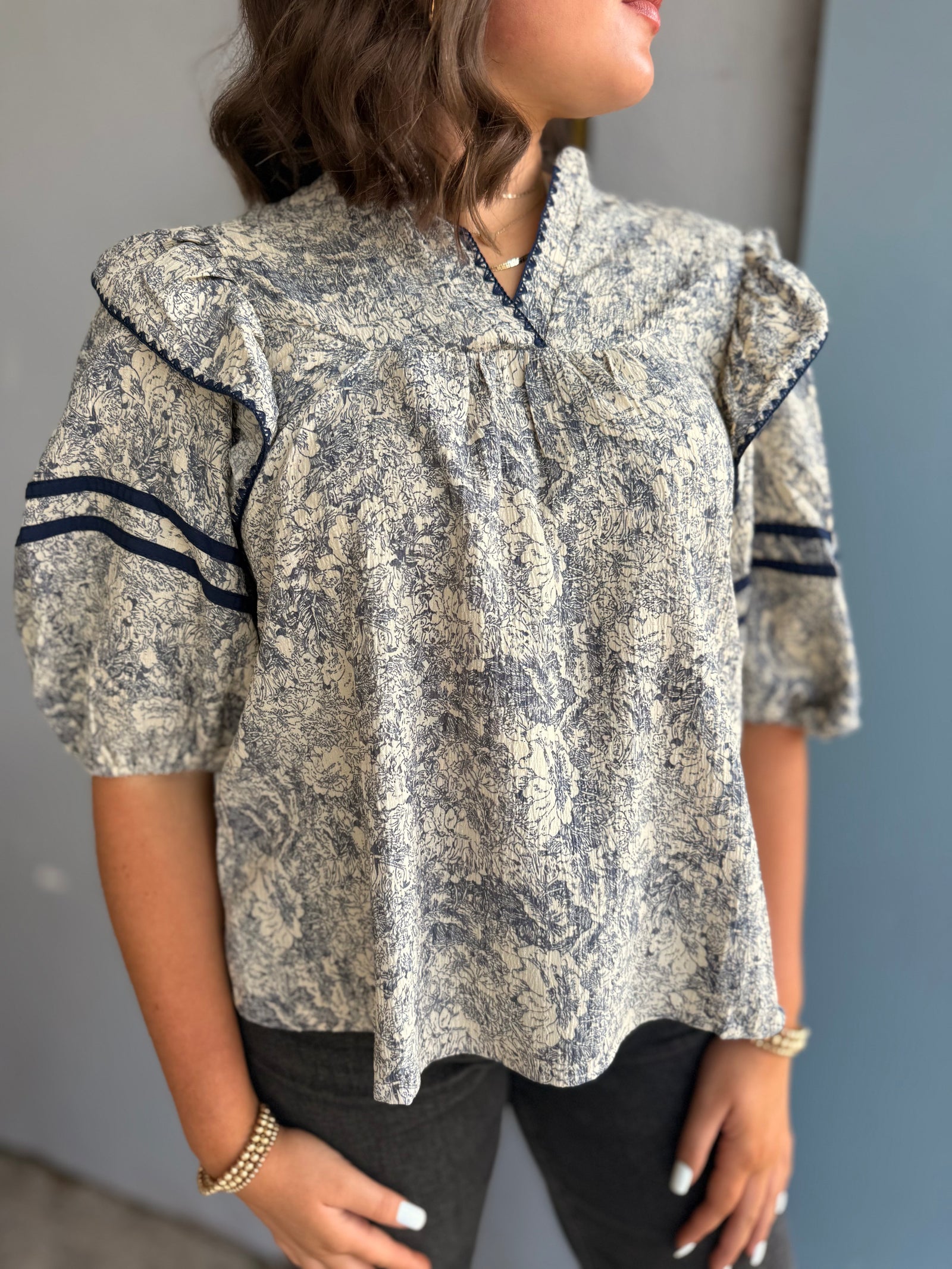 Navy Vintage Print Quarter Sleeve Blouse