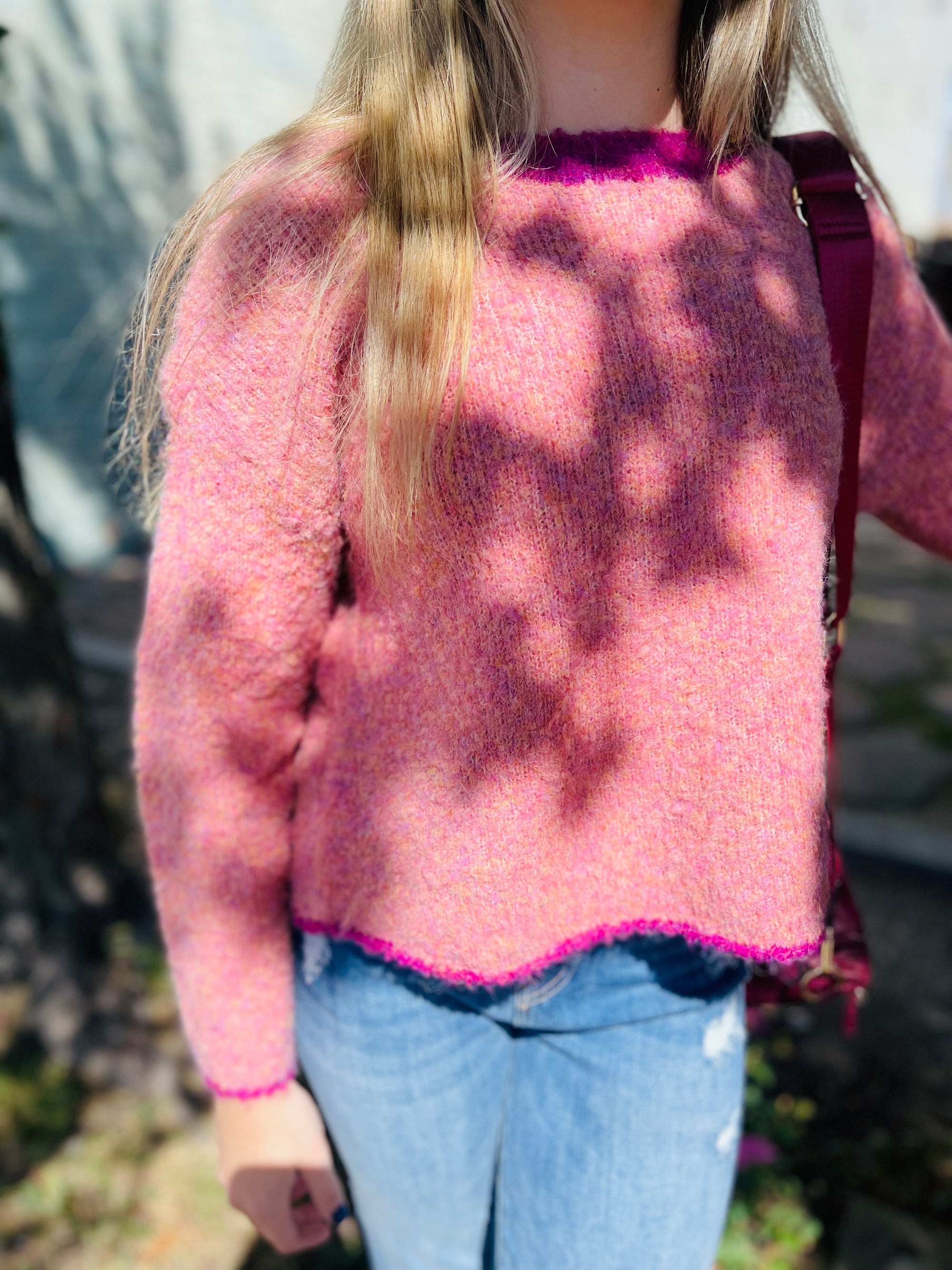 Pink Two Tone Boucle Textured Crop Boxy Sweater