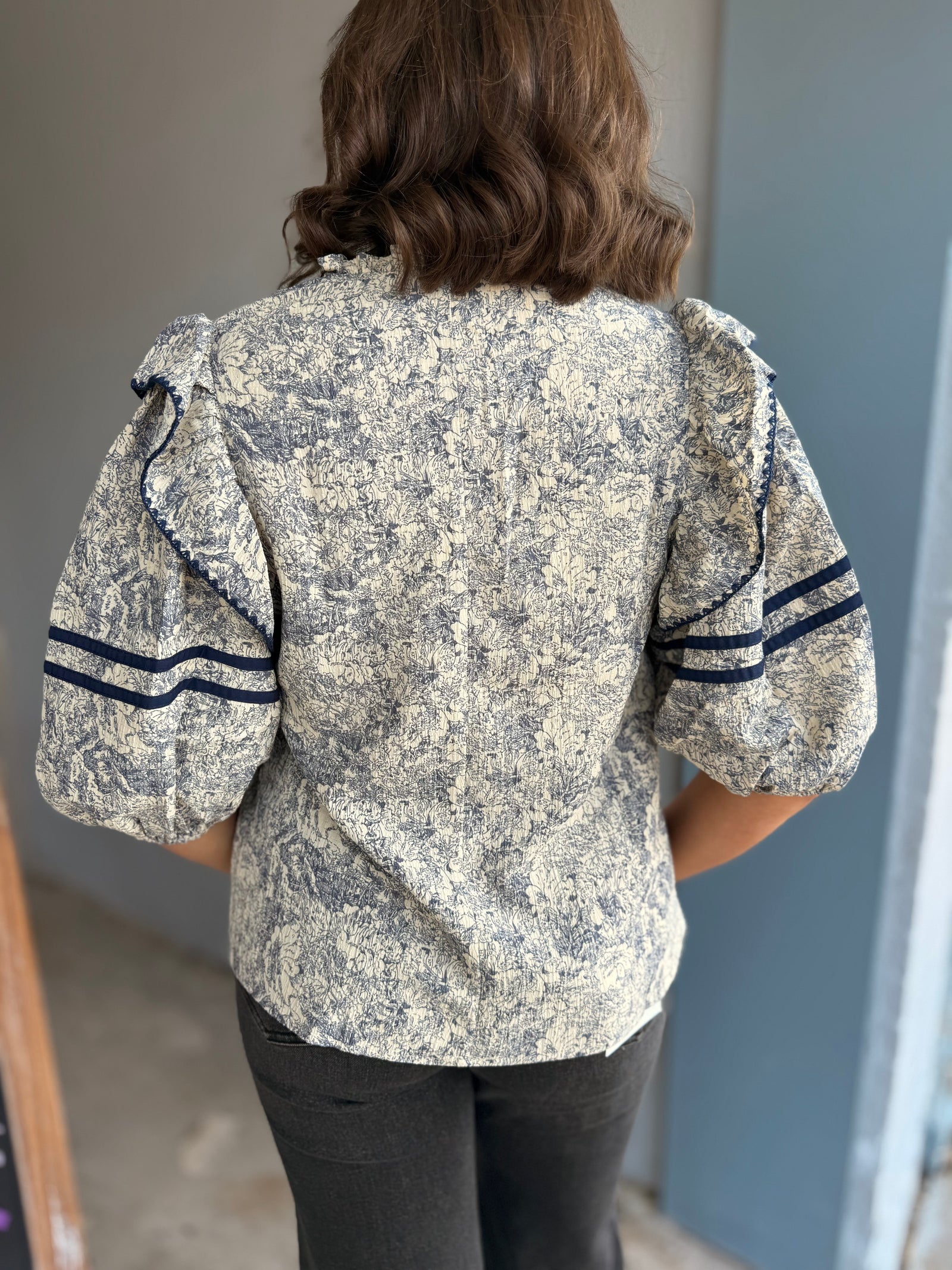 Navy Vintage Print Quarter Sleeve Blouse
