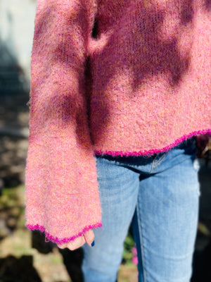 Pink Two Tone Boucle Textured Crop Boxy Sweater