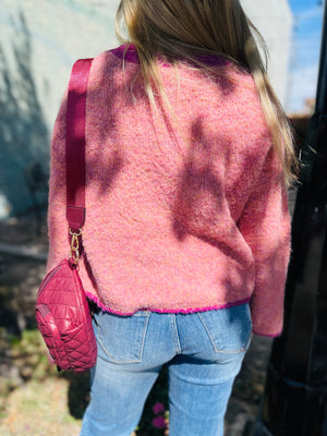 Pink Two Tone Boucle Textured Crop Boxy Sweater