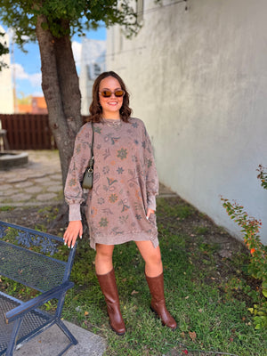 Easel Brown Floral Printed Mineral Sweatshirt Tunic