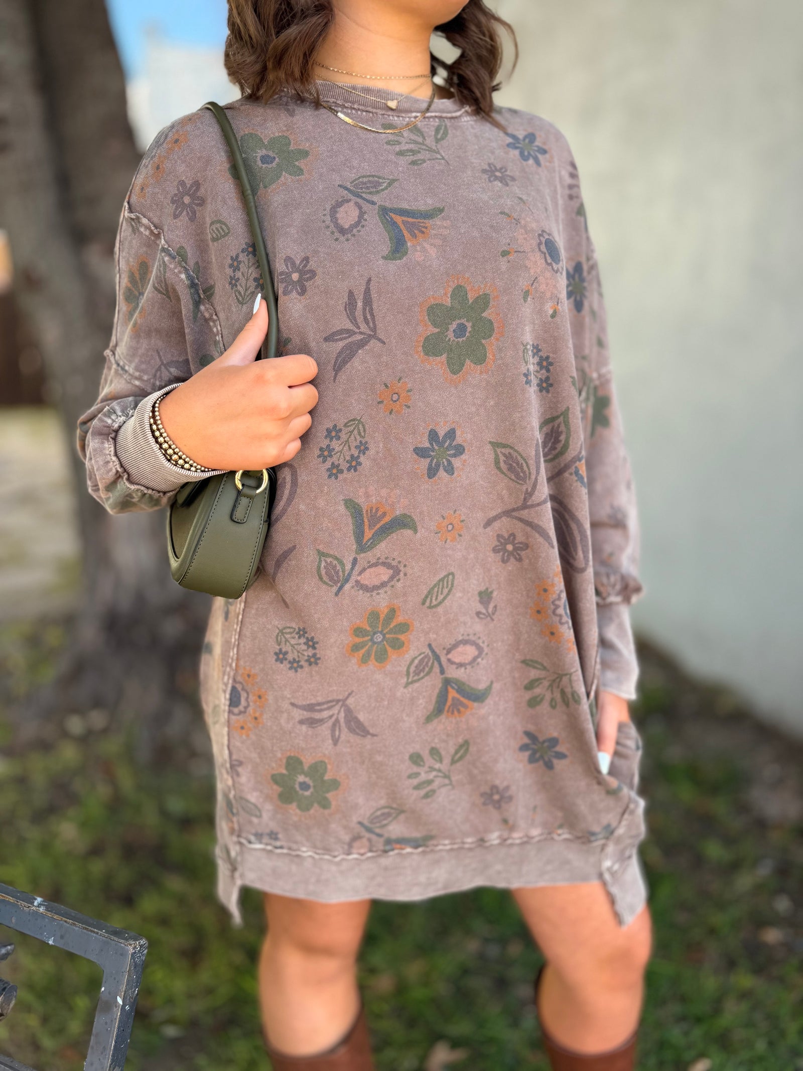 Easel Brown Floral Printed Mineral Sweatshirt Tunic