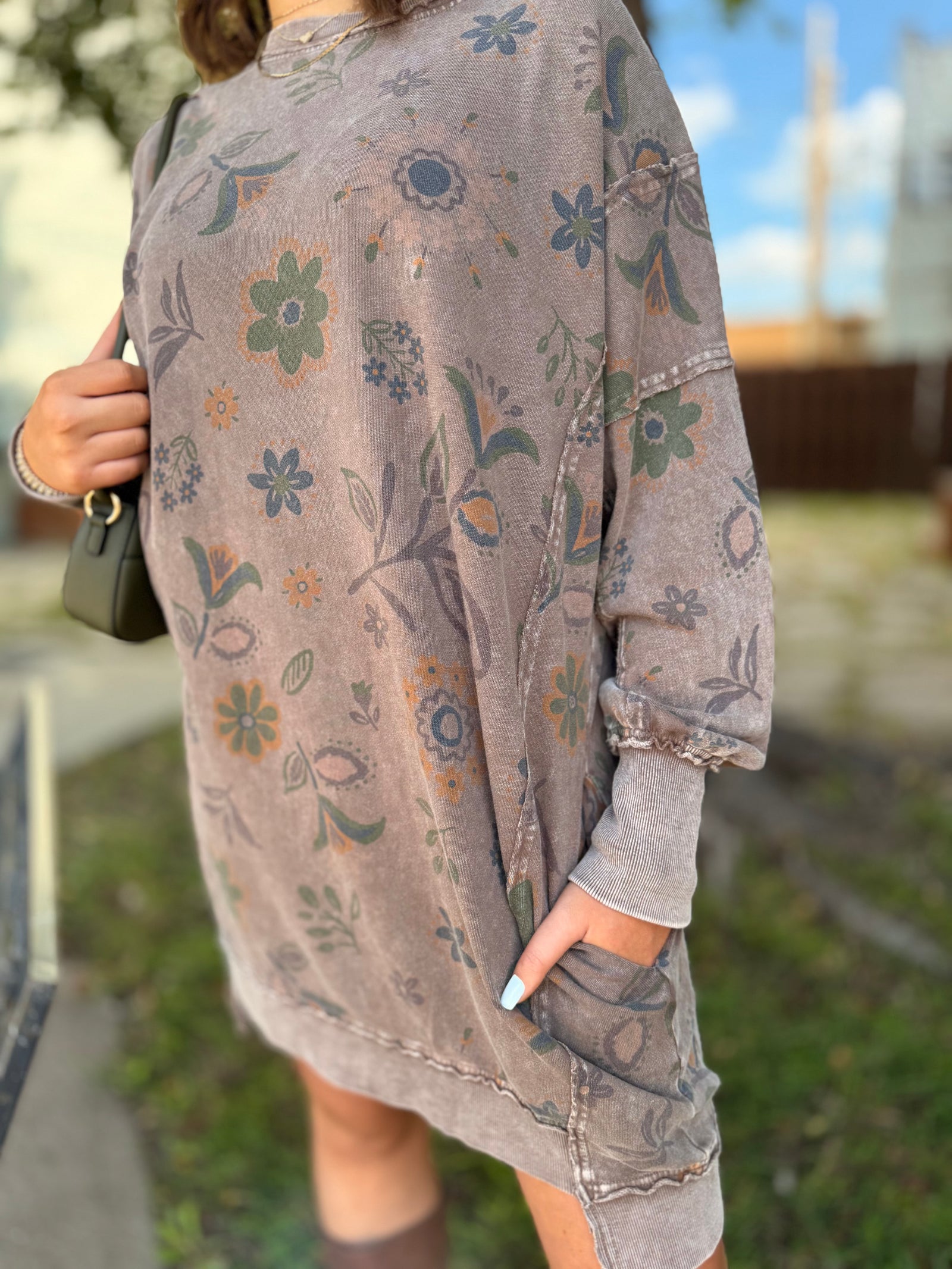 Easel Brown Floral Printed Mineral Sweatshirt Tunic