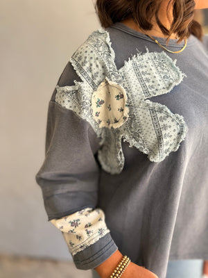 Umgee Blue Floral + Paisley Patchwork Top