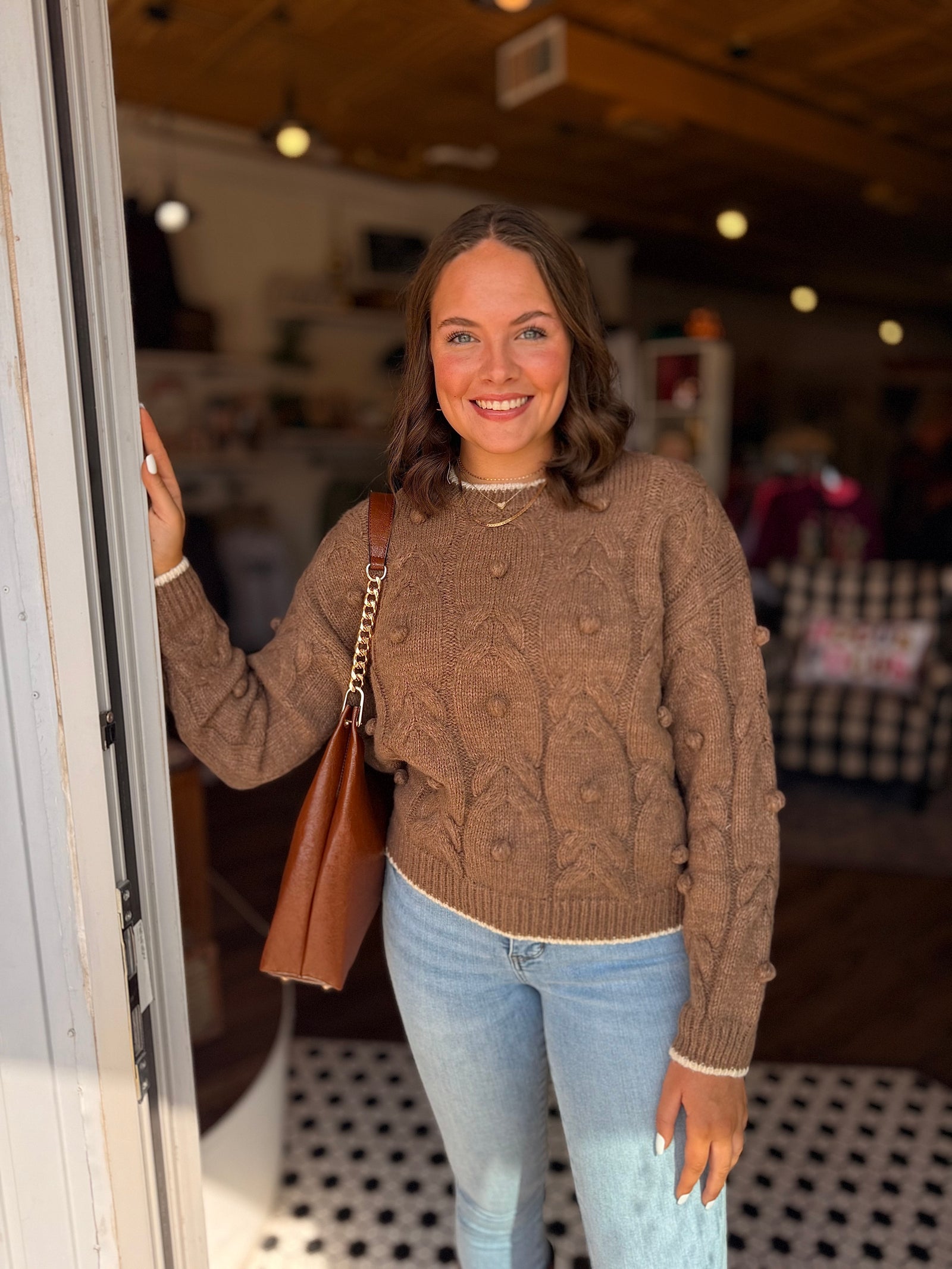 Brown Sweater w/ Knit Pom Detail