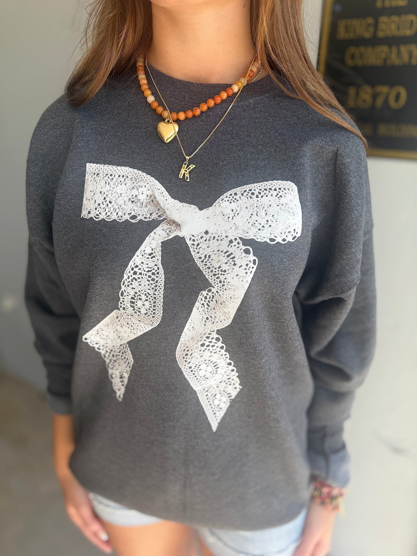 Grey Lace Bow Graphic Sweatshirt