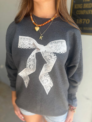 Grey Lace Bow Graphic Sweatshirt