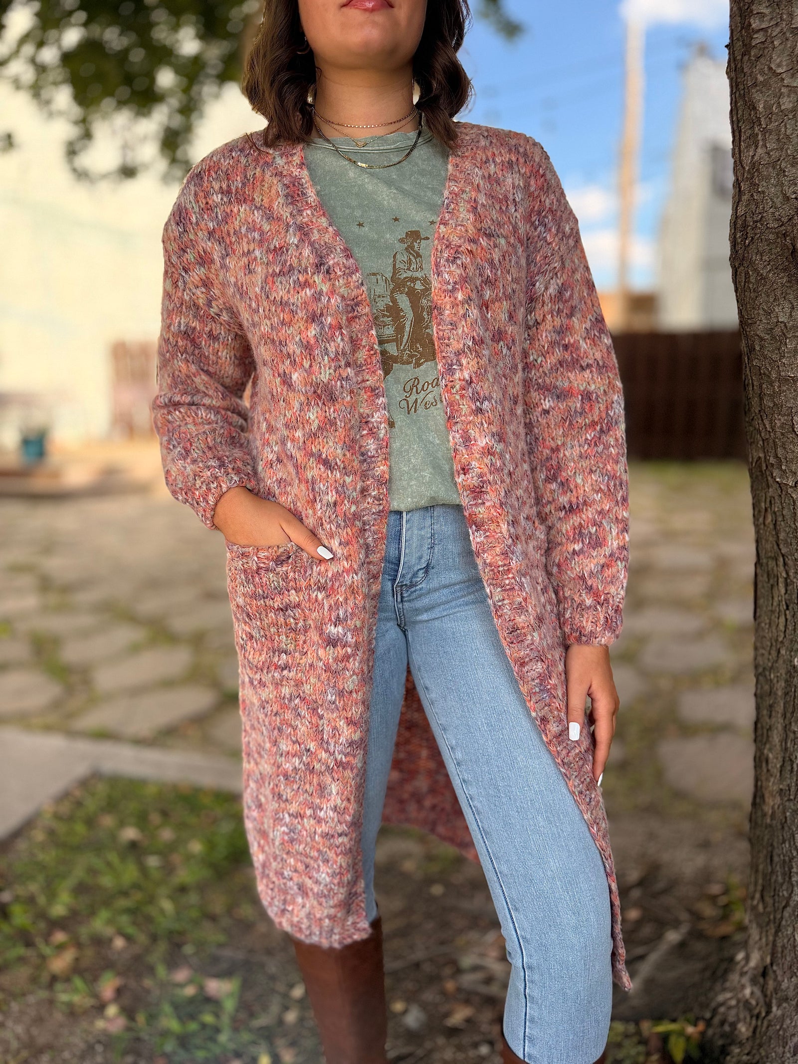 Pink Multi Color Knit Mid Length Cardigan
