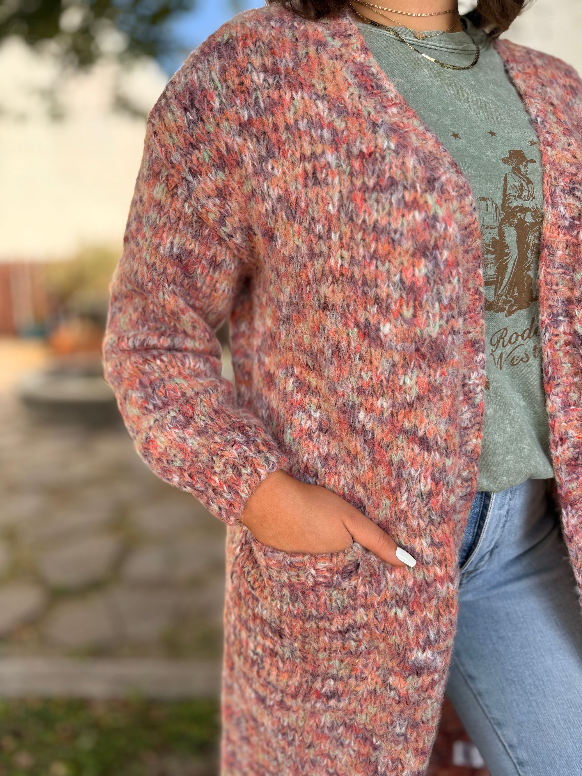 Pink Multi Color Knit Mid Length Cardigan