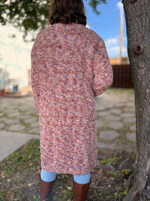 Pink Multi Color Knit Mid Length Cardigan