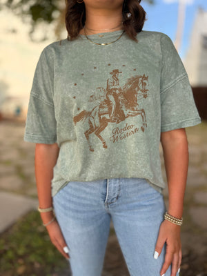 Olive Western Short Sleeve Graphic Top