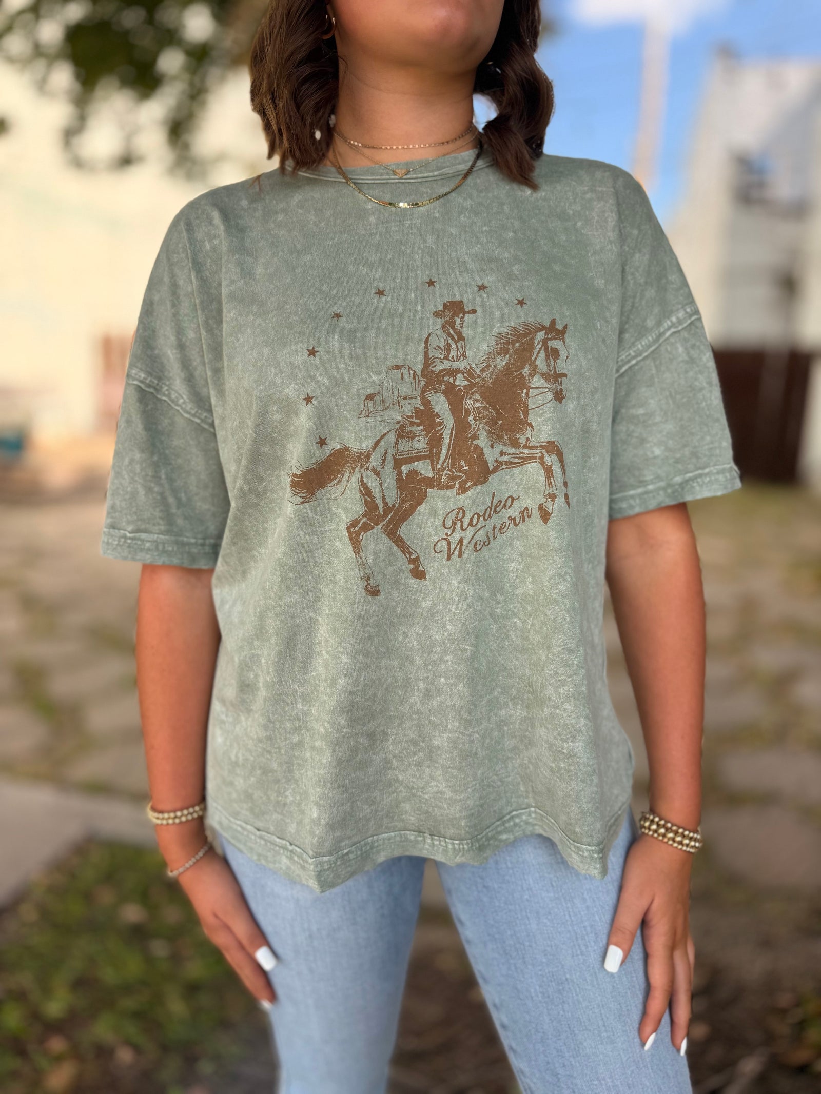 Olive Western Short Sleeve Graphic Top