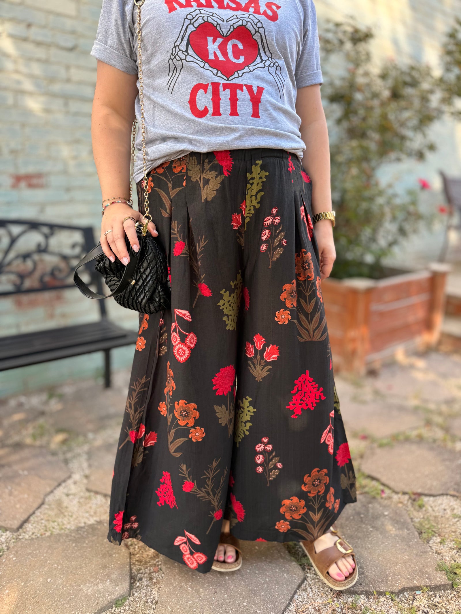 Umgee Black Boho Floral Flowy Pants