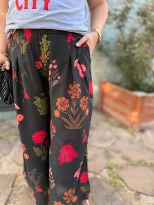 Umgee Black Boho Floral Flowy Pants