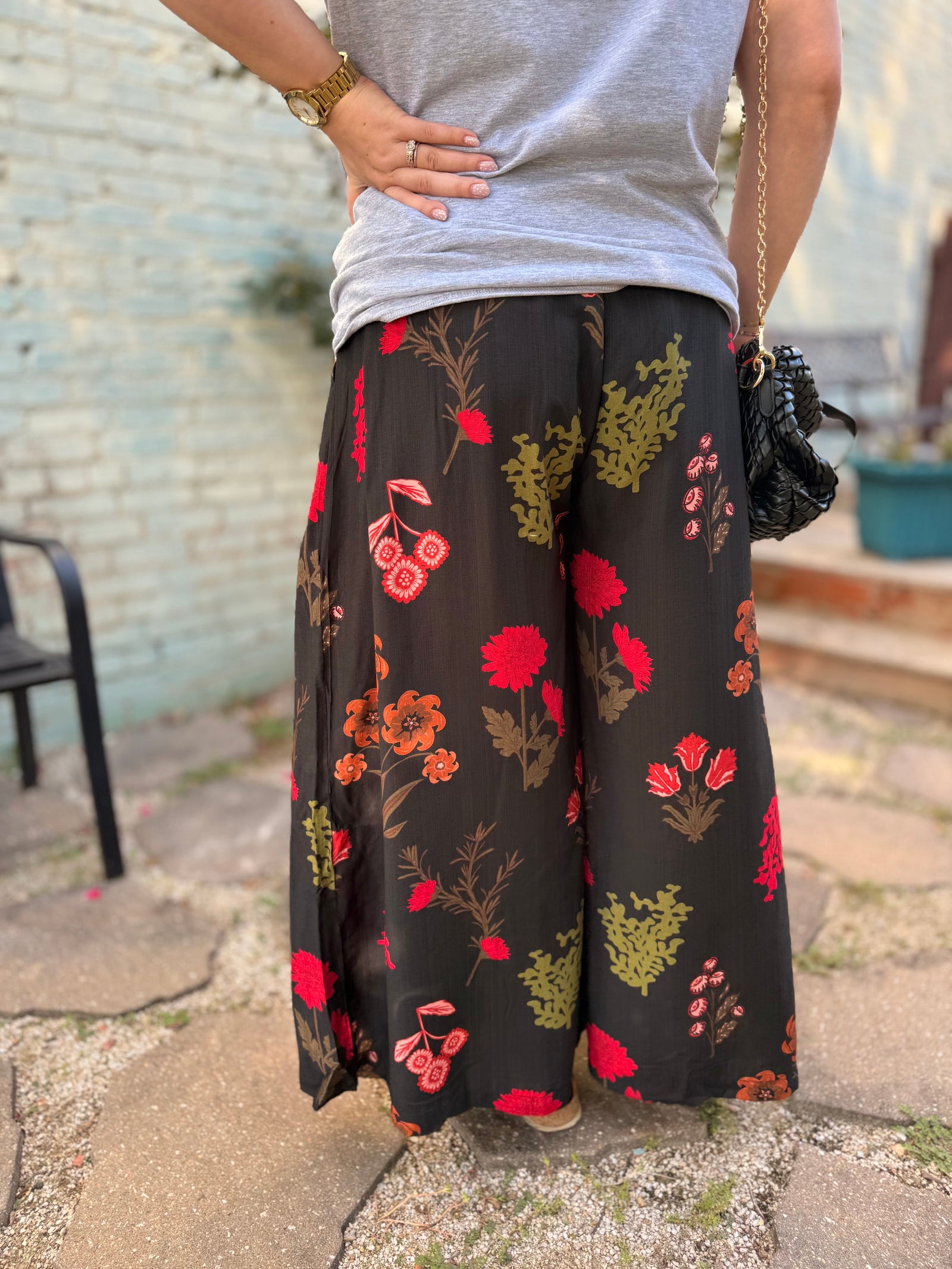 Umgee Black Boho Floral Flowy Pants