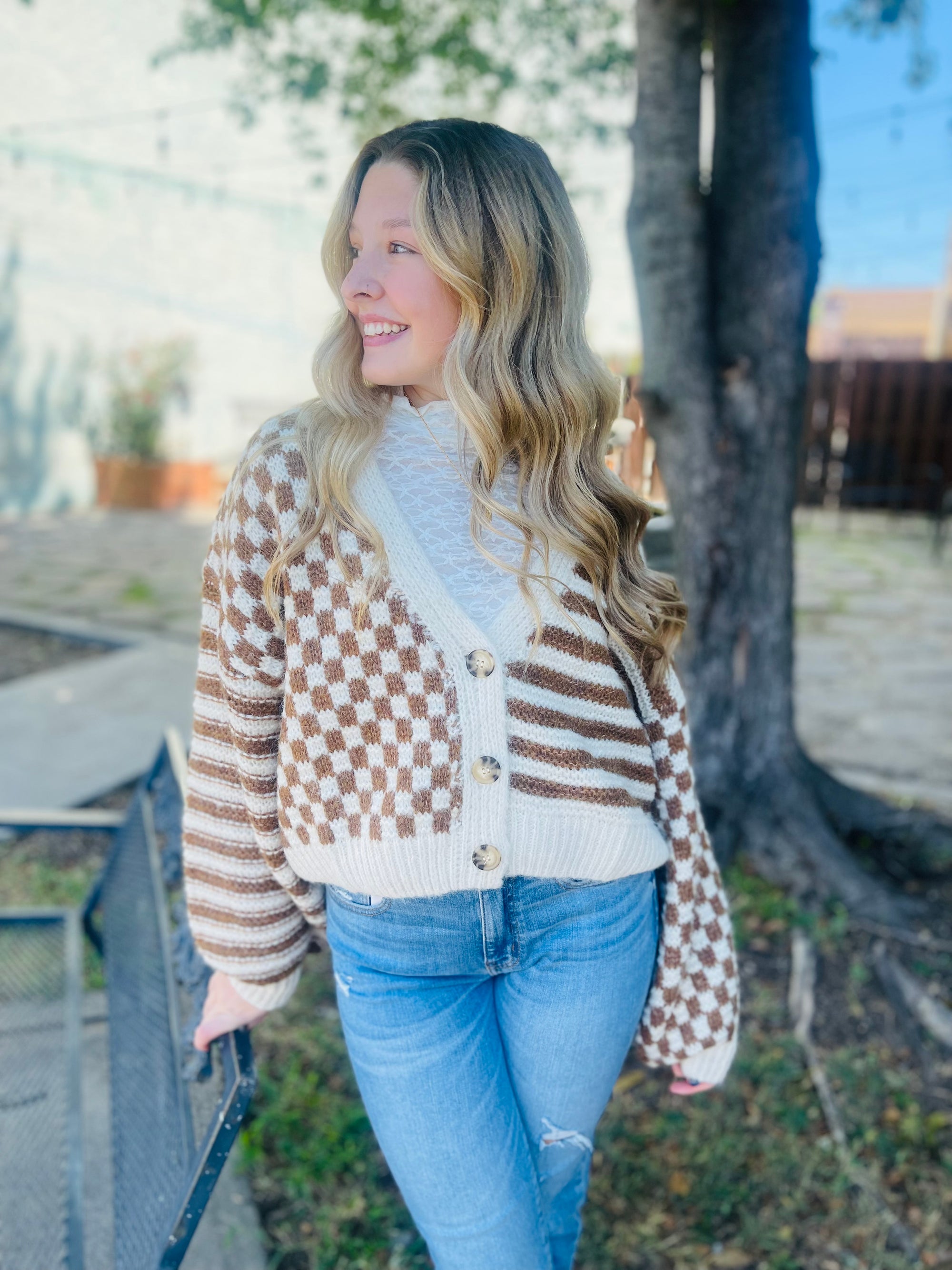 Stripe + Checkered Drop Shoulder Knit Cardigan