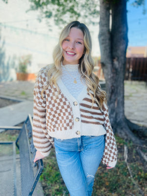 Stripe + Checkered Drop Shoulder Knit Cardigan