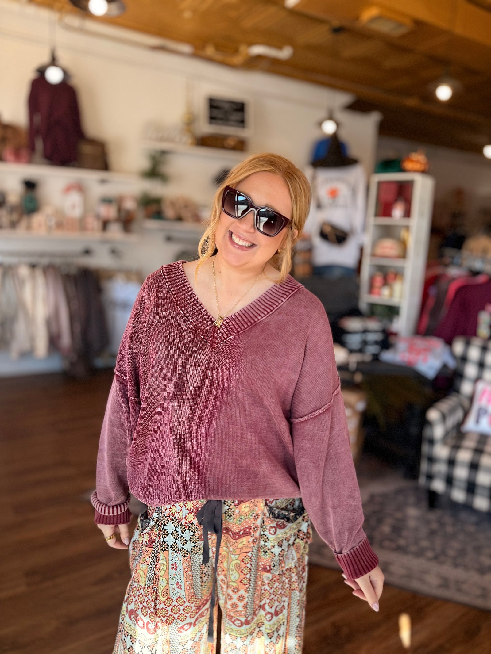 Burgundy Knit V-Neck Oversized Sweater Top