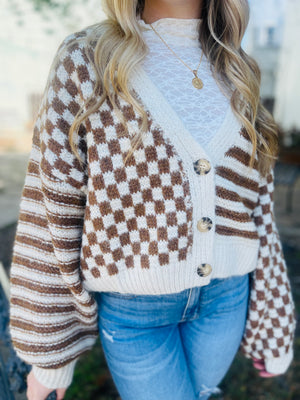 Stripe + Checkered Drop Shoulder Knit Cardigan