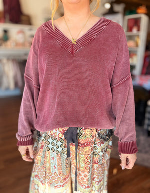Burgundy Knit V-Neck Oversized Sweater Top