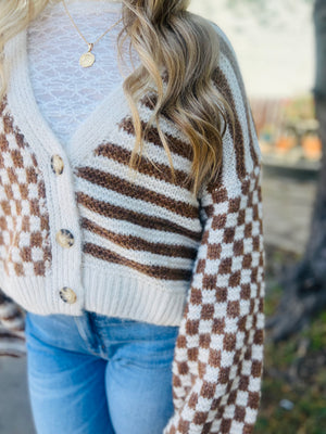 Stripe + Checkered Drop Shoulder Knit Cardigan