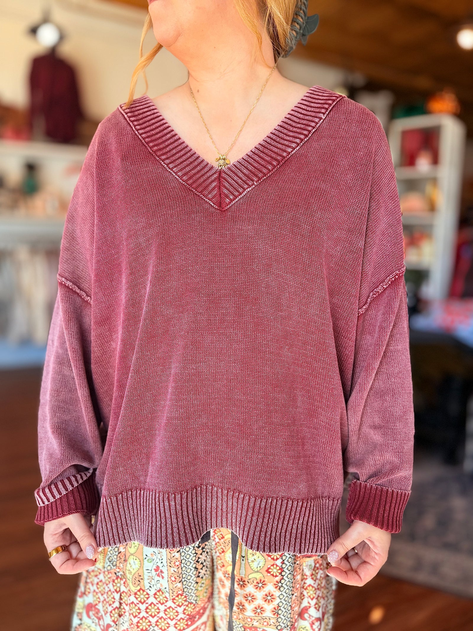 Burgundy Knit V-Neck Oversized Sweater Top