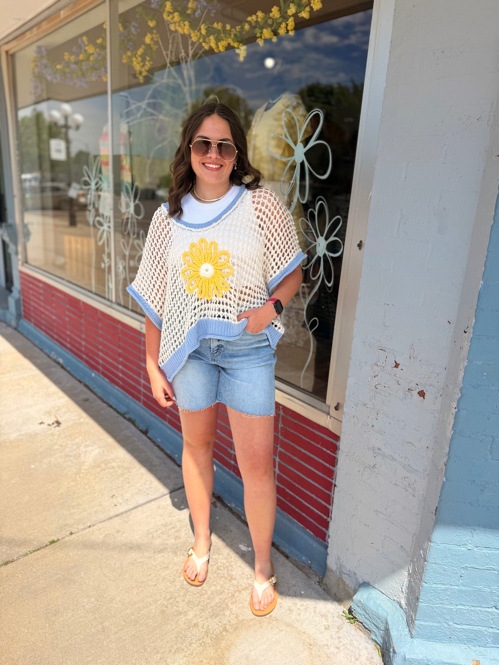 Pol Ivory + Blue Daisy Open Knit Top