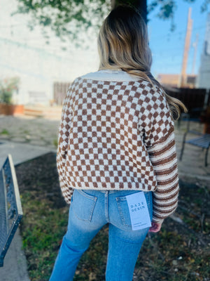 Stripe + Checkered Drop Shoulder Knit Cardigan