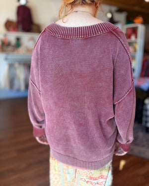 Burgundy Knit V-Neck Oversized Sweater Top