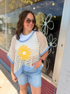 Pol Ivory + Blue Daisy Open Knit Top