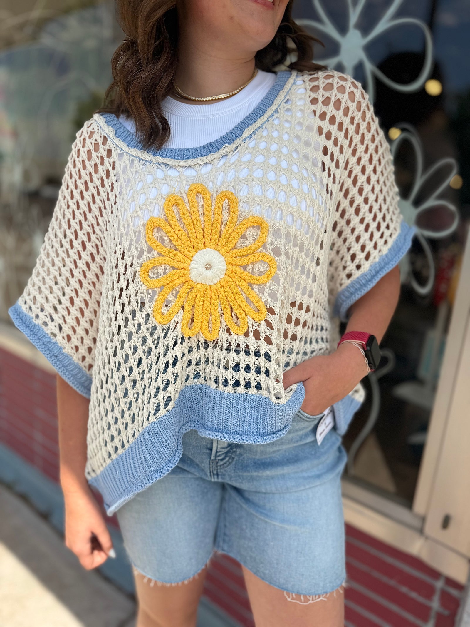 Pol Ivory + Blue Daisy Open Knit Top