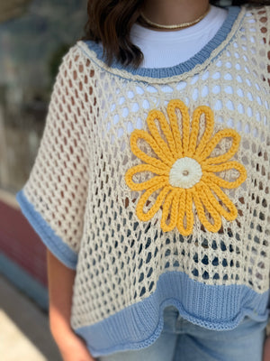 Pol Ivory + Blue Daisy Open Knit Top