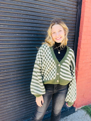 Stripe + Checkered Drop Shoulder Knit Cardigan