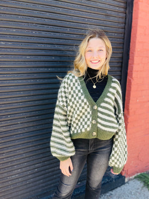 Stripe + Checkered Drop Shoulder Knit Cardigan