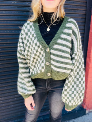 Stripe + Checkered Drop Shoulder Knit Cardigan