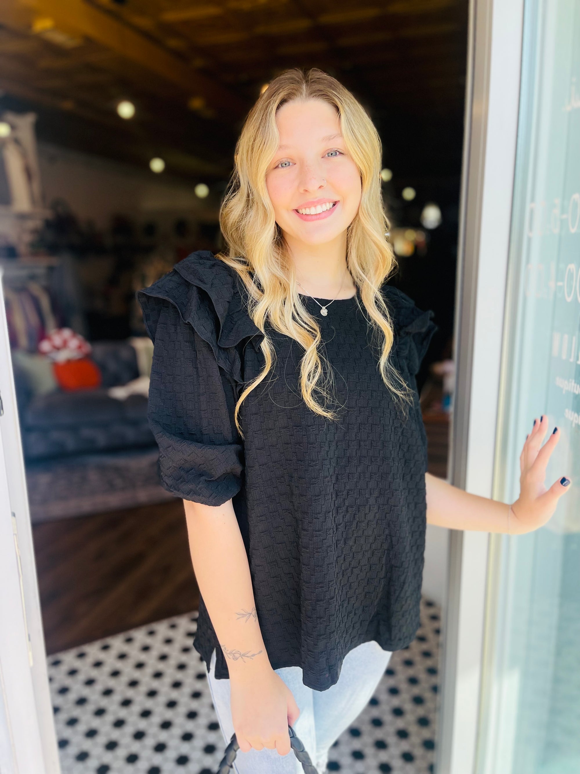 Black Textured Ruffled Shoulder Top