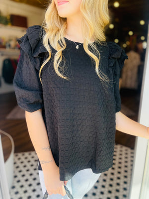 Black Textured Ruffled Shoulder Top