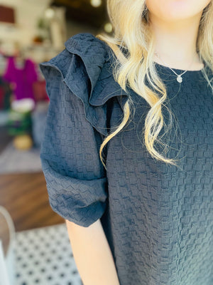 Black Textured Ruffled Shoulder Top