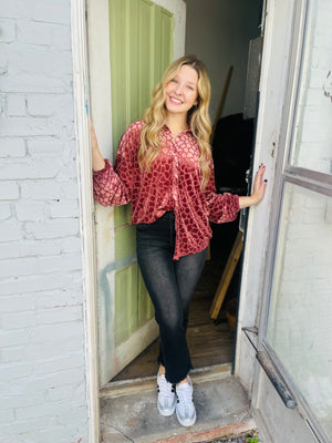 Rose Velvet Pattern Button Down Top