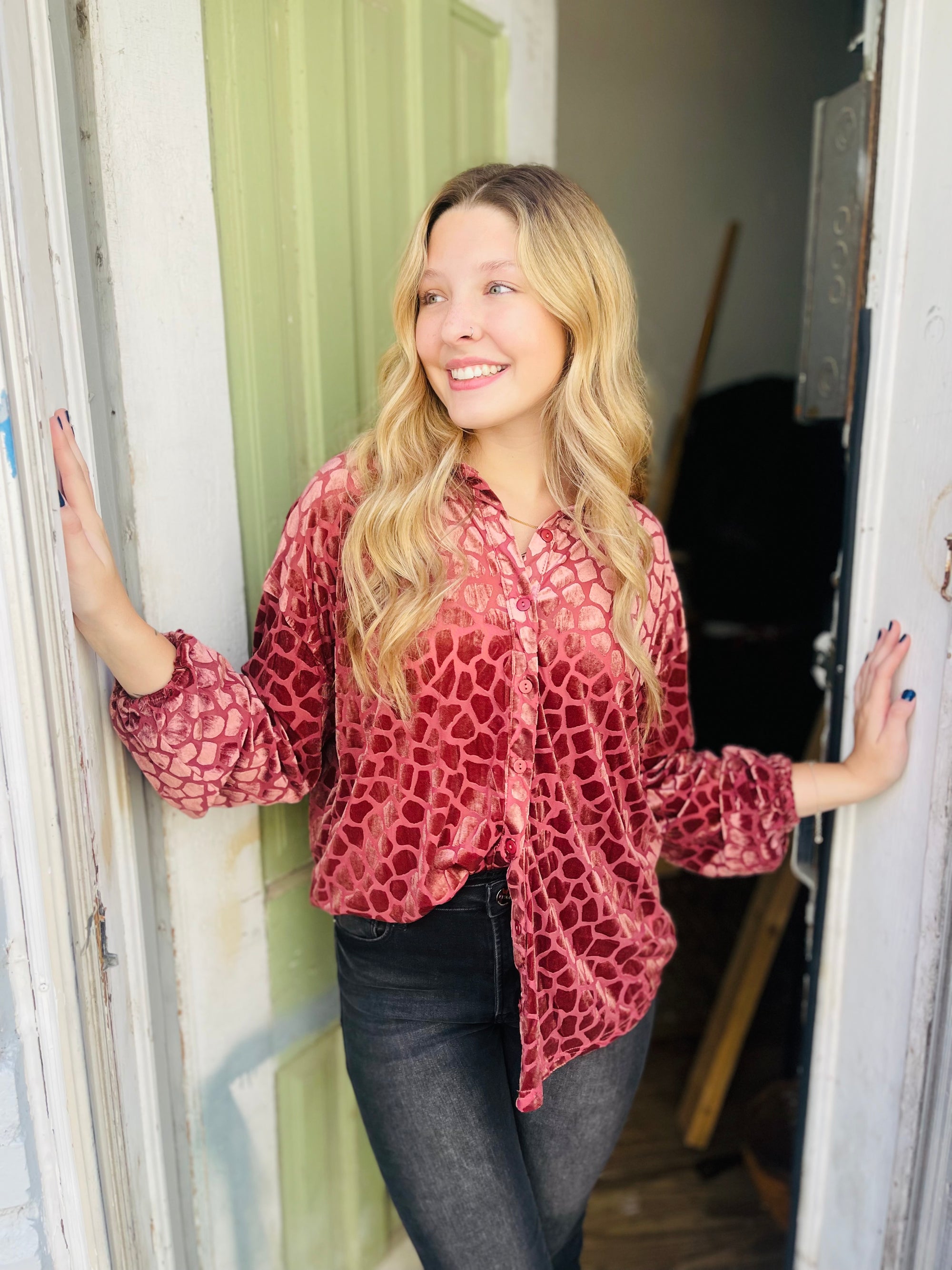 Rose Velvet Pattern Button Down Top