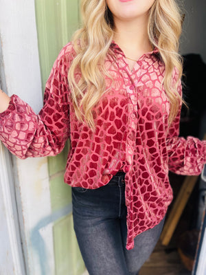 Rose Velvet Pattern Button Down Top