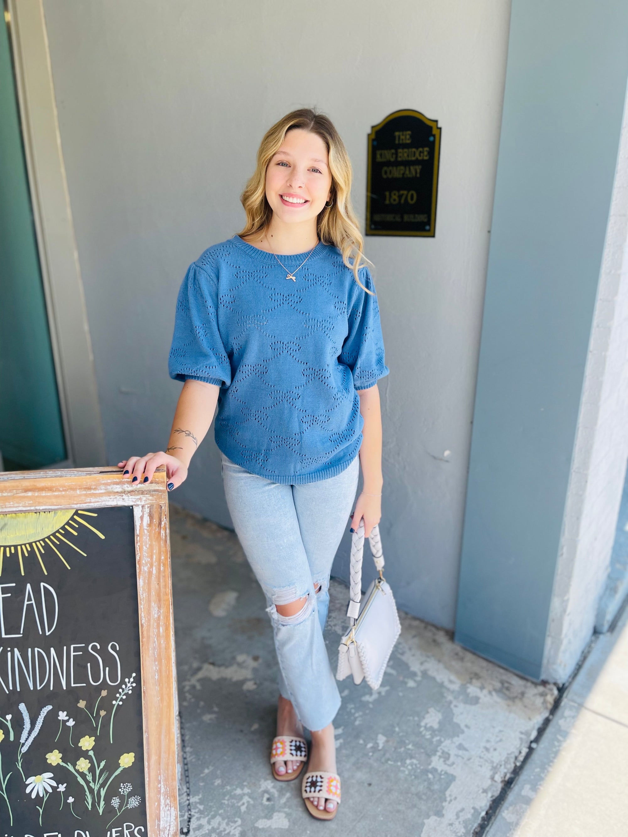 Blue Bow Cut Out Short Sleeve Sweater Top